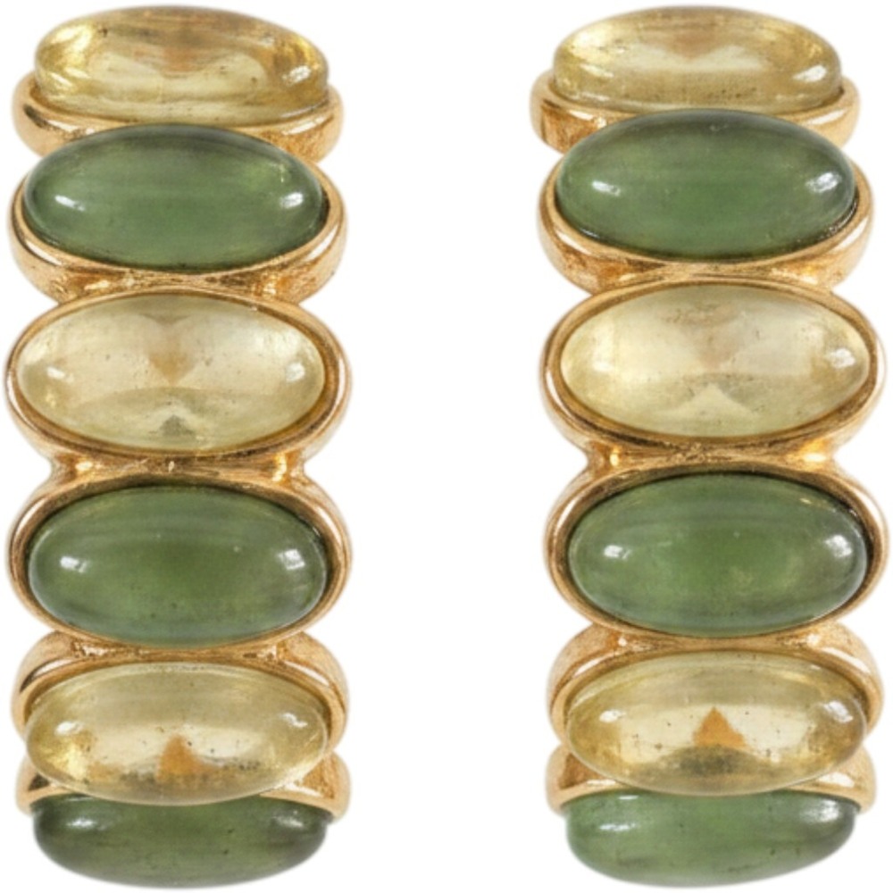 J-Hoop Earrings Green‎ Amber Gold Tone Oval Cabochon Screw Back Clip On Vintage